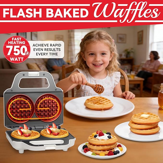 SugarWhisk 4 Inch Double Mini Waffle Maker Machine, Chaffle Maker, Waflera Electrica, Small Waffle Iron for Waffles, Keto Chaffles, Hash Browns, Cookies, Non-stick Plates