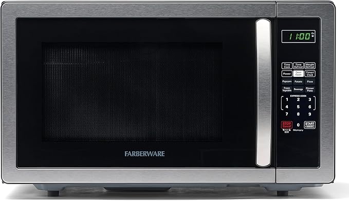 Farberware 1.1 Cu. Ft. Countertop Microwave Oven – 1000 Watts Power, Auto Cook Settings, Defrost, Easy Clean and Child Safety Lock - Stainless