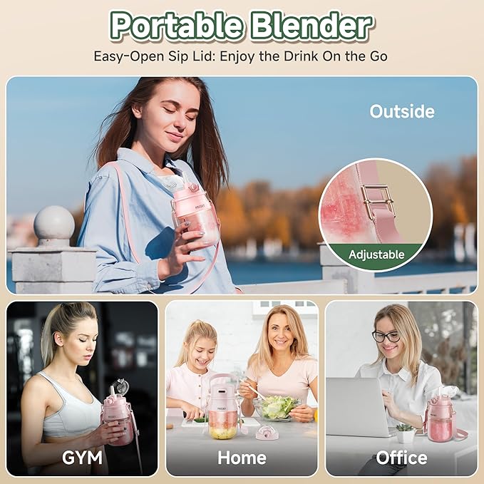Portable Blender, Prasky Personal Blenders for Shakes and Smoothies with 27oz Cup, Lid and Shoulder Strap, Type-C USB Rechargeable, Personal Size Blenders BPA-free for Travel/Kitchen (Light Pink)