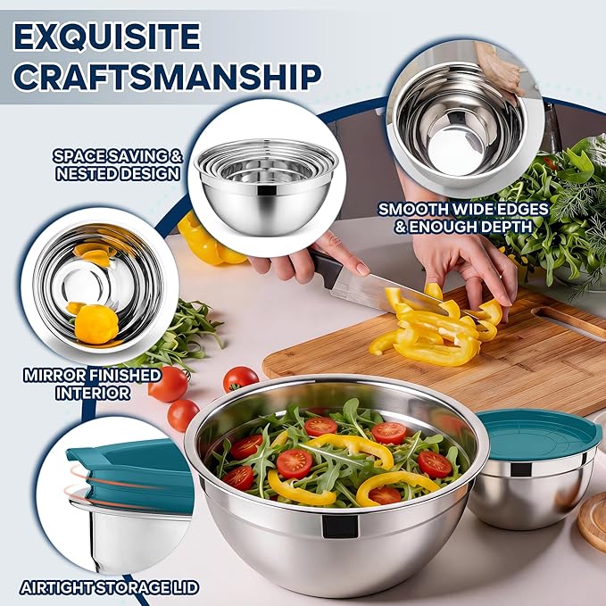 E-far Mixing Bowls With Lids Sets of 5, 10-Piece Stainless Steel Salad Metal Nesting Bowl for Baking Cooking and Prepping, Airtight Lid & Stackable Design, Size 4.6, 3, 2.1, 1.5, 0.7 QT, Blue