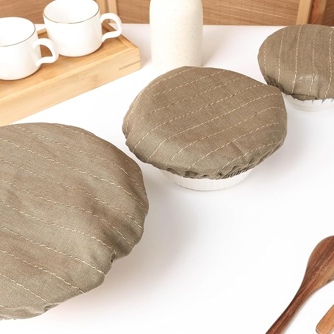 100% Linen Stripe Bowl Covers Reusable For Bread Proofing, 4 Pcs Elastic Cloth Fabric Bowl Covers, 5.9*7.9*9.8*11.8 Inches, Green