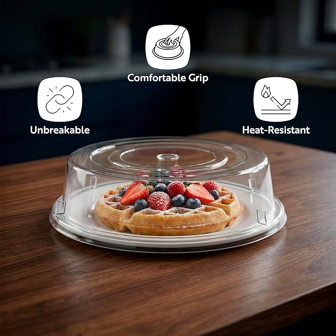 Restaurantware Cater Tek 11 Inch Polycarbonate Plate Covers 10 Shatterproof Dish Covers - Dishwashable For 11 Inch Plates Clear Plastic Splatter Covers Finger Hole Design Endures Up To 210F