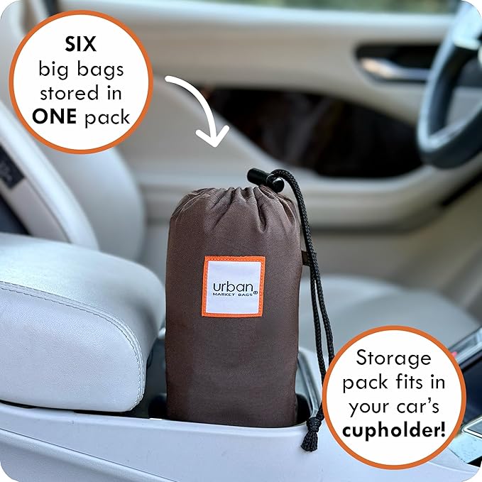 Urban Market Bags - Galaxy -6 Foldable Reusable Shopping Bags in 1 Compact Pouch, Luxury Quality, Recycled Fabric, Holds 50+ lbs, Machine Washable, Pouch Fits in Cupholder, Designed in California
