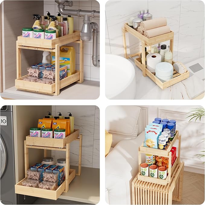 Bamboo Wood Under Sink Organizer 2 Pack, Pull Out Cabinet Organizer 2 Tier Under Sink Organizers and Storage with Sliding Drawer Sturdy Easy Assembly for Kitchen Bathroom Undersink, Natural