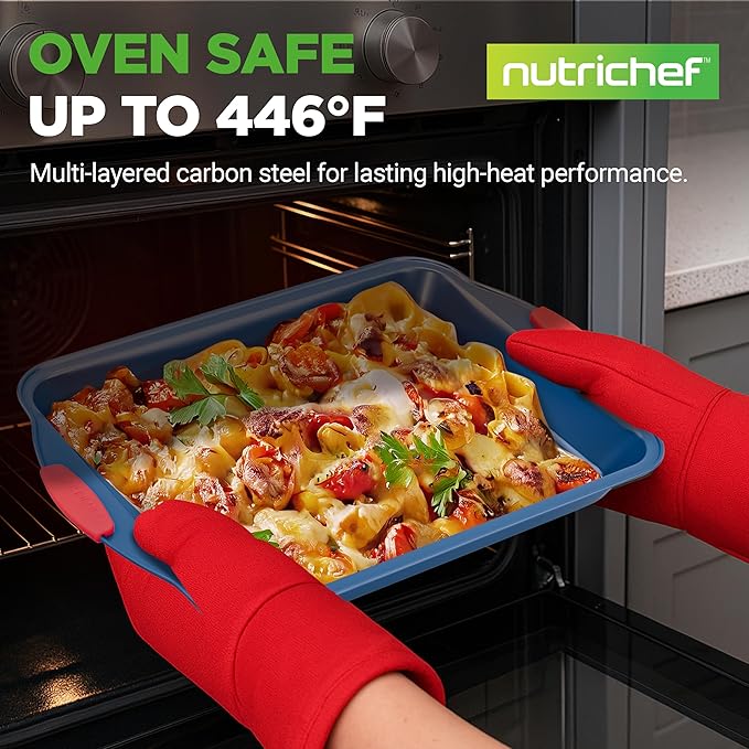NutriChef 10-Piece Nonstick Bakeware Set - Deluxe Carbon Steel with Blue Silicone Coating, Red Handles, Professional Grade Kitchen Essentials, Ideal for Baking Cakes, Cookies, and More (Blue)