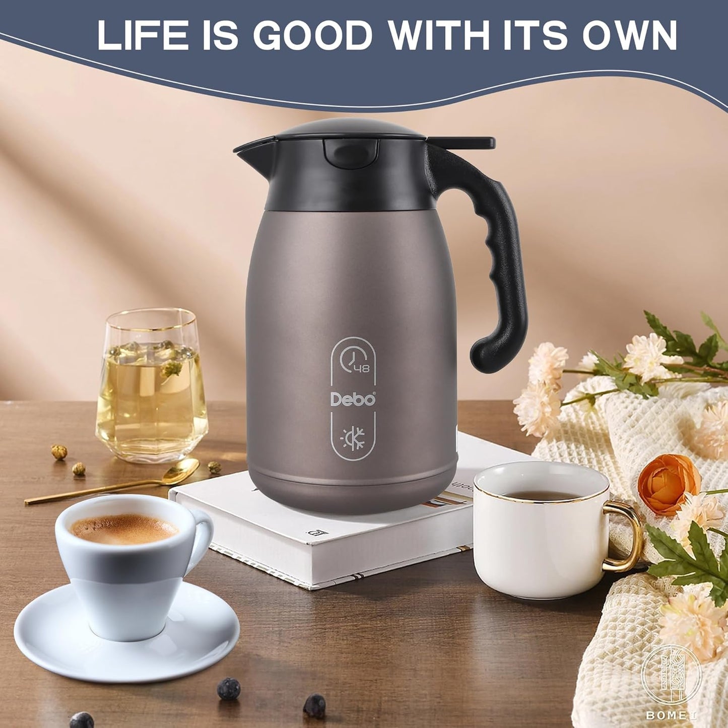 Thermal Coffee Carafe 56oz Large Capacity,Double-Walled Vacuum Insulated Stainless Steel Coffee Pot & Hot Beverage Server,BPA-Free,Keeps Hot Coffee Warm for Hours,Leak-Proof Design（Oatmeal）