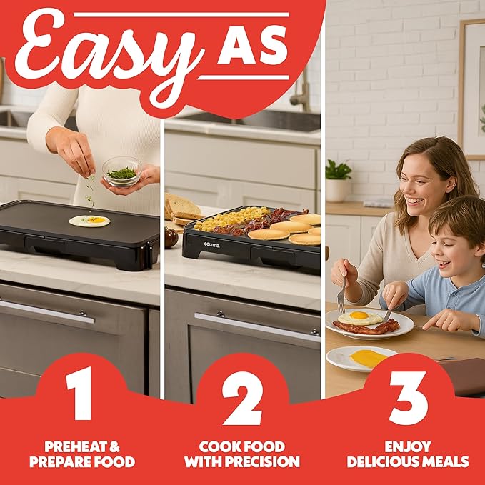 Gourmia 22 Inch XL Electric Griddle Pan - Nonstick Extra Large Flat Top Ceramic Surface, Countertop Cooker, Adjustable 200°F–400°F, Pull-Out Drip Tray, Compact Handle-Free Design
