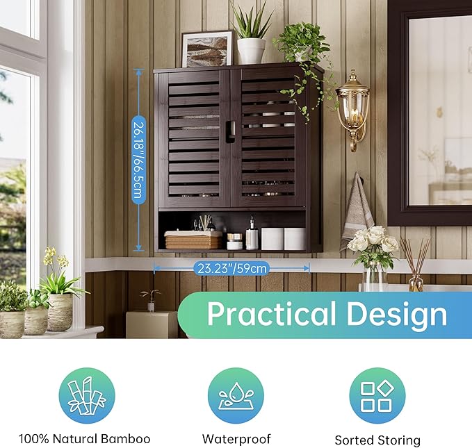 SMIBUY Bathroom Cabinet Wall Mounted, Bamboo Over-The-Toilet Storage Organizer, Space Saver Medicine Cabinet with 2 Door and Adjustable Shelves (Dark Brown)