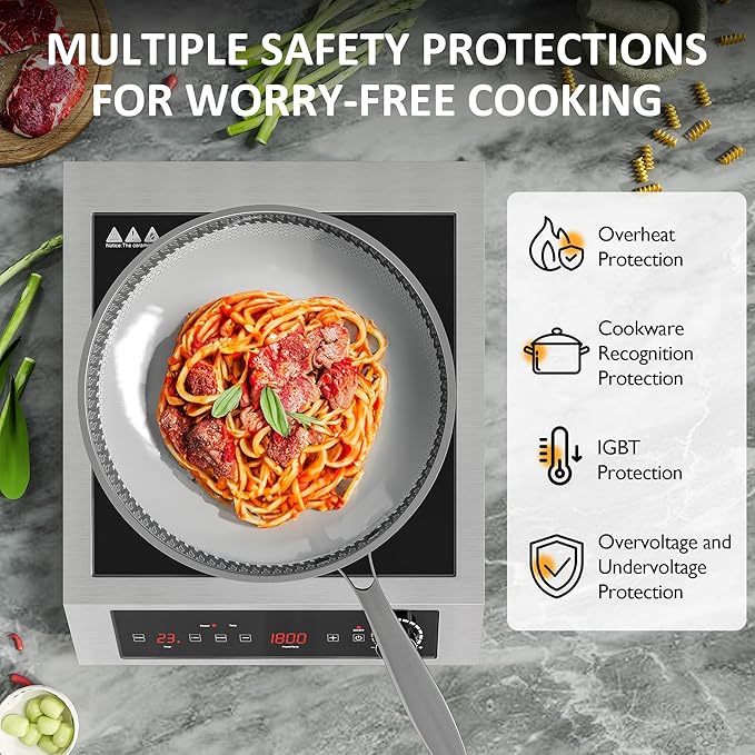 Sunvivi 1800W Induction Cooktop, Commercial-Grade Electric Countertop Burner with Timer, Induction Hot Plate with LED Screen, 10 Power(300W-1800W), 10 Temp Setting(140°F-536°F), Black