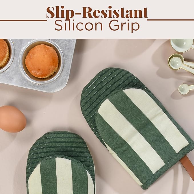 Folkulture Oven Mitts - Set of 2 (5.75"x9") | Oven Mitts with Hanging Loop for Cooking Gifts for Women, Kitchen Decor| 100% Cotton, Silicone Heat Resistant Mini Mitts (Matcha)