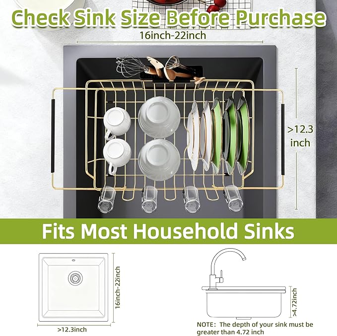 Golden Expandable Dish Drying Rack with Silicone Drying Mat-Extra Large Stainless Steel Dish Drainer Over The Sink with Utensil Holder, Applicable for Sink Width 16'-22' (Gold,23.2'*12.2')