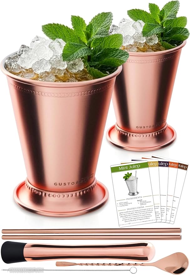 Gusto Nostro Mint Julep Cups Set of 2 - Stainless Steel Julep Cup Kit with Straws, Muddler, Spoon, Recipes, Vases - Southern-Style Cocktail Glasses for Home Bar - Stainless Steel Cocktail Cups (Rose)