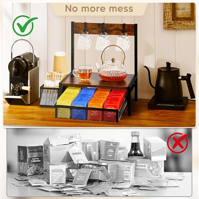 DGWJSU Tea Bag Organizer, Wood Tea Organizer and Storage Cheast, Tea Bag Holder with Storage Drawer, 4 Hooks for Tea Cups Holder, Tea Station Chest Display Container Box for Countertop Kitchen
