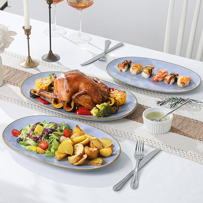Ceramic Oval Serving Platter: 15.6/14.3/12.9 Inch Large Serving Dishes for Entertaining Party, Turkey, Steak, Ham, Microwave Dishwasher Safe, Blue