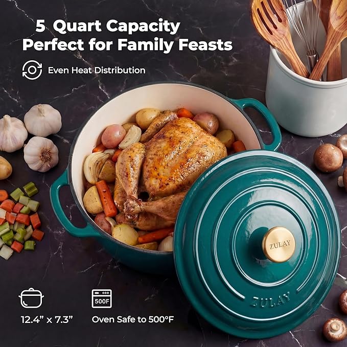 Zulay Kitchen 5 Quart Enameled Cast Iron Dutch Oven Pot with Lid – Premium Durability & Oven Safe up to 500°F – Heavy Duty Cookware Perfect for Bread Baking, Stews, Braising & Roasting – Emerald