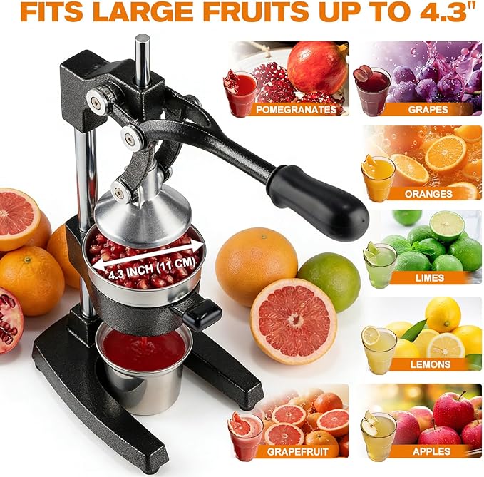 Cast Iron Citrus Juicer - 13.8LB Heavy Duty Manual Orange Press, 304 Stainless Steel Cup & Strainer, Professional Lemon Grapefruit Pomegranate Squeezer for Home Bar Kitchen, Black