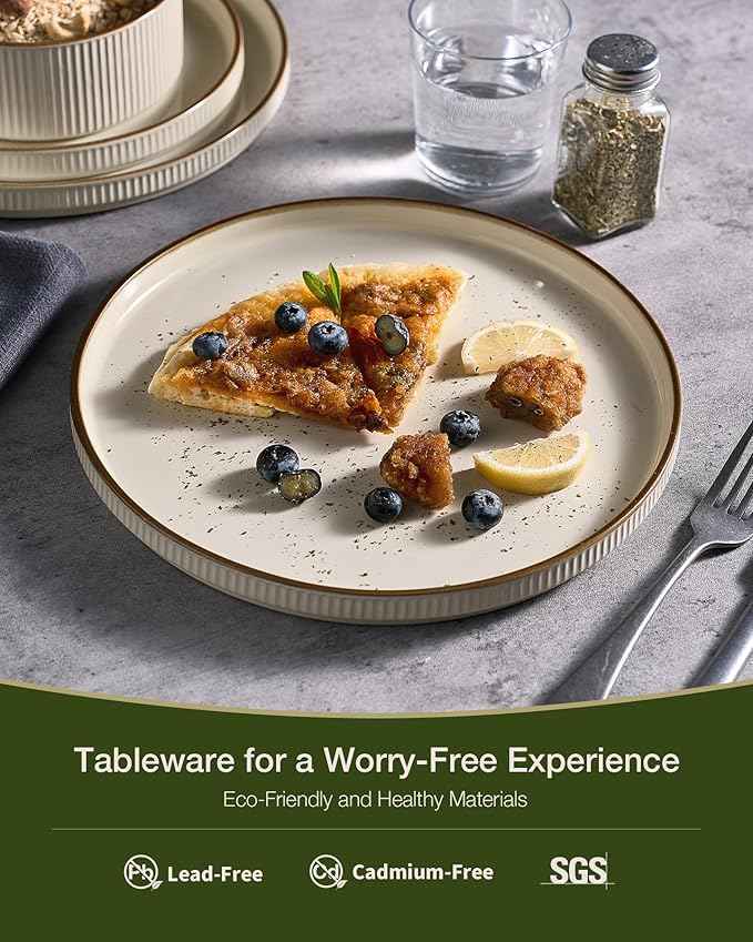 Famiware Star Dinnerware Set, Plates and Bowls Sets for 6 (18pcs), Ribbed Stoneware Dishes - Chip & Scratch Resistant, Microwave & Dishwasher Safe Kitchenware, Cream
