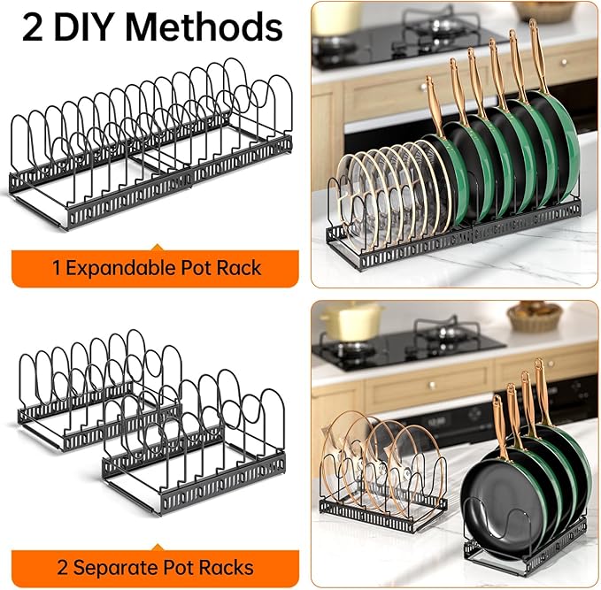 MUDEELA Pots and Pans Organizer Rack for under Cabinet, Expandable Pot Lid Kitchen Cabinet Organizer Holder with 14 Adjustable Compartment Cutting Board Organizer for Pan Lid, Bakeware