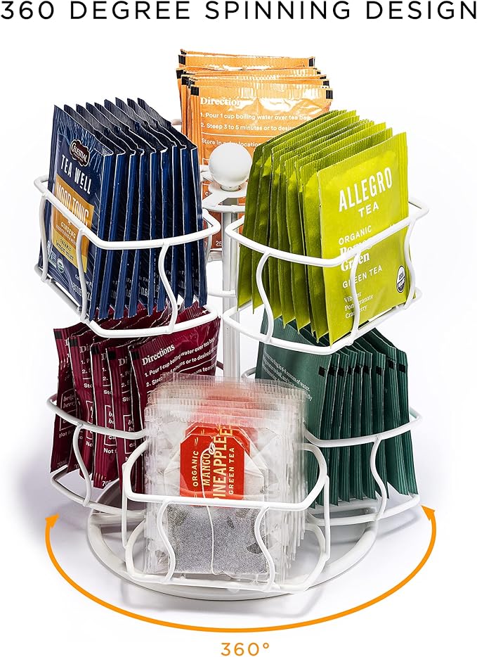 Sorbus Tea Bag Spinning Carousel - Tea Caddy Organizer for Countertop - Matcha Station Accessories - 2 Tier Revolving Storage for Pantry - Holds Up to 60 Large Tea Bags