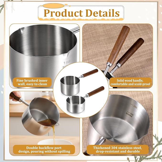 2 Pcs 8.5 oz/4.2 oz Mini Food Grade Stainless Steel Butter Warmer, Mini Food Warmer with Dual Spouts, Small Milk Saucepan with Wood Handle, for Coffee Milk Warming Chocolate Butter Melting