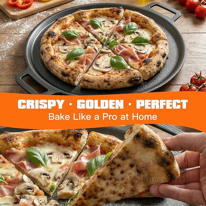 Nonstick Pizza Steel Pan for Pizzas & Flatbreads up to 14", Tri-Ply Stainless Steel with Aluminum Core, Lightweight 4.6 lbs Design, Oven & BBQ Grill Safe up to 900°F, Easy Clean Cooking Surface