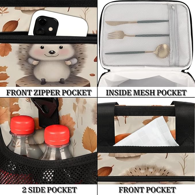 Pardick Lunch Box for Women Men Fall Hedgehog Leaf Insulated Lunch Bag Leakproof Large Lunchbox for Adults with Adjustable Shoulder Strap, Cooler Tote Bag for Work, Picnic, Beach