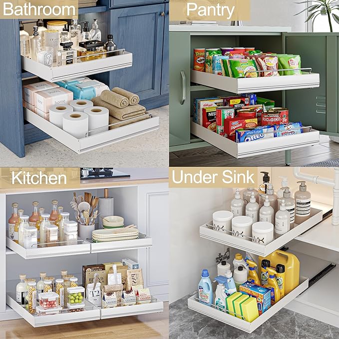 Mingling 2 Pack Pull Out Cabinet Organizer, Carbon Steel Heavy Duty Slide Out Drawer, 21" Deep White Adhesive Pull Out Drawers for Cabinets, Roll Out Shelves for Kitchen Organization, Pantry, Bathroom