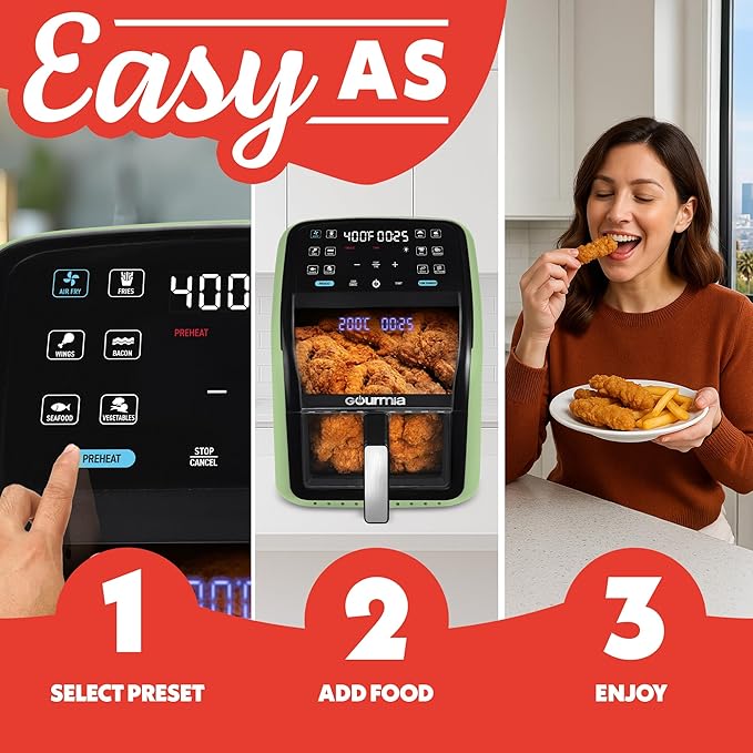 Gourmia Air Fryer 7 QT - Easy View Panorama Window & Interior Light, Guided Cooking with 12 One-Touch Presets, FryForce 360, Dishwasher Safe Accessories, Green