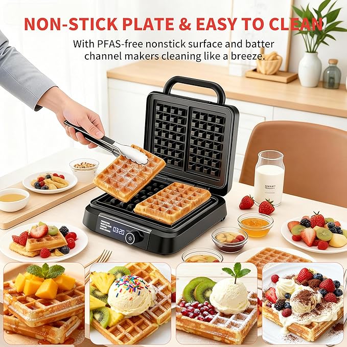 Waffle Maker, 1200W Belgian Waffle Maker, Dual Rectangular Thick Waffle Iron, 7-Level Browning LED Panel, Nonstick Plates, Anti-spill Design, Audible Ready Beep, Easy Cleanup, Stainless Steel