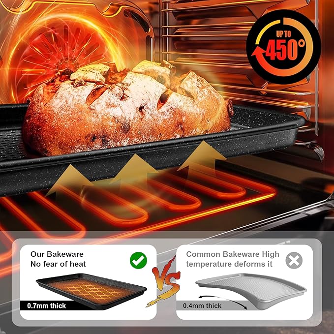 Wildone 2 Pack Half Sheet Baking Pans, Honeycomb Embossed Nonstick Baking Sheet 17.5x12 In, Thicker Carbon Steel Cookie Sheet, Even Heating & Warp Resistant, Black