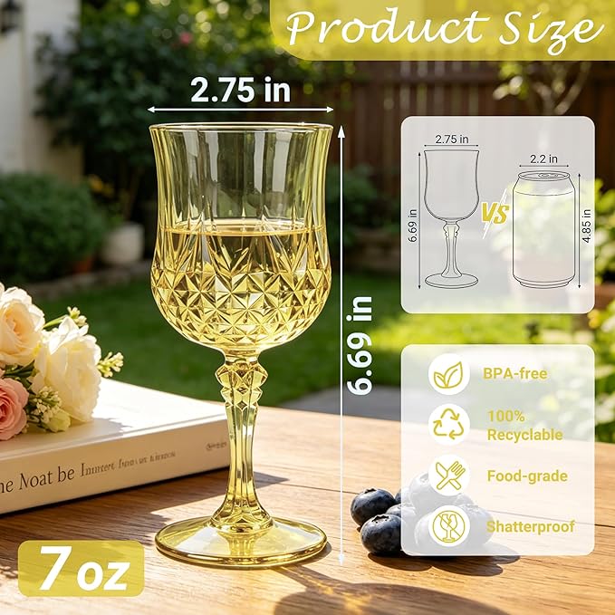 Plastic Wine Glasses, Plastic Goblets Vintage Style Cordial Unbreakable Drinking Glasses, Reusable Drinkware for Wedding Reception, Grand Event Party Supplies, Easter (100, Gold)