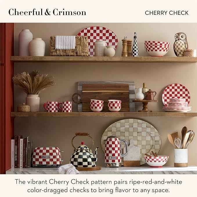 MACKENZIE-CHILDS 2-Slice Toaster, Decorative Toaster for Kitchen, Red-and-White Cherry Check