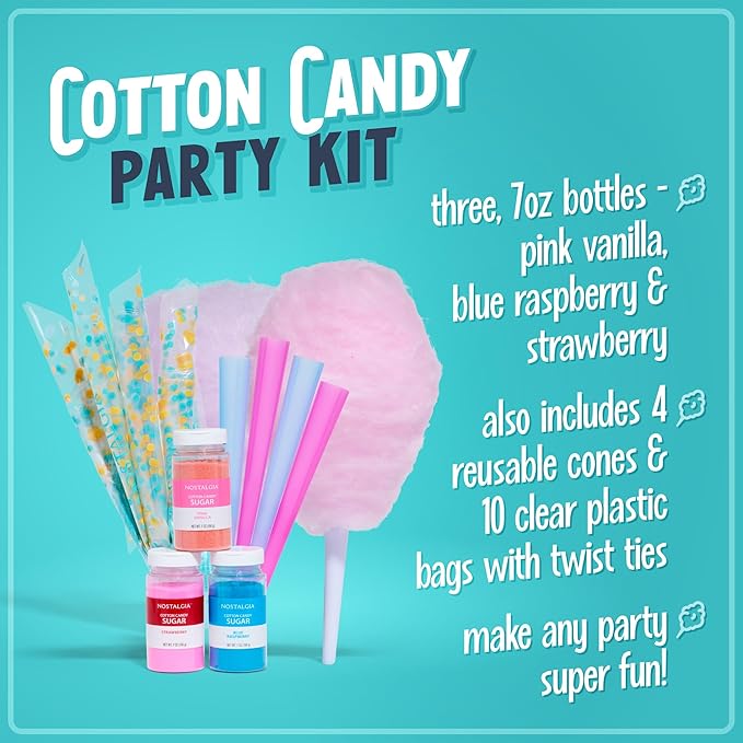 Nostalgia FSCC8 Cotton Candy Party Kit 3 Flavors, 4 Reusable Cones, 10 Floss Bags, 1, blue