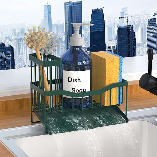 Maifan Sink Caddy Sponge Holder for Kitchen with Brush Holder and Stainless Steel Self Drain Tray, Rustproof Kitchen Sink Organizer for Sponge, Soap Dispenser Storage Accessories Dark Green