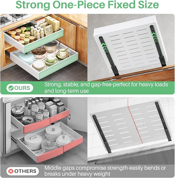 Pull out Cabinet Organizer, 21"Deep, 11.8"Wide Full-Extension Heavy Duty Slide out Drawers with Nano Adhesive, Roll Out Shelves Sliding Cabinet for Kitchen, Bathroom, Pantry,Under Sink Storage(White)