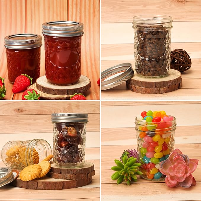 CycleMore Mason Jars 8 oz, 24 Pack Canning Jars with Mixed Color Airtight Lids, Half Pint Canning Jar Ideal for Fermenting, Jam, Honey, Pickling, Wedding/Shower Favors, DIY Decors