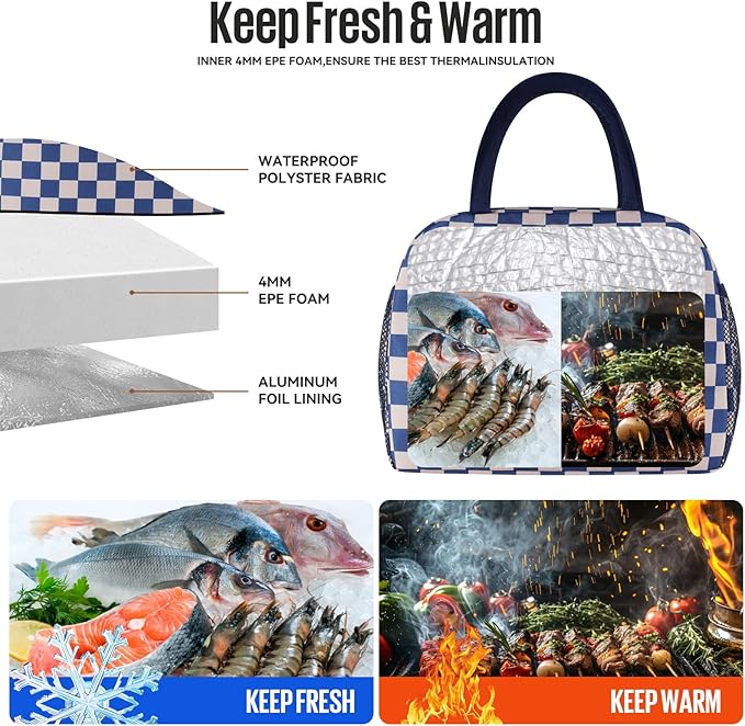 douyadady Lunch Bag Women/Men Lunch Box Women/Men (Blue+Beige Checkerboard)