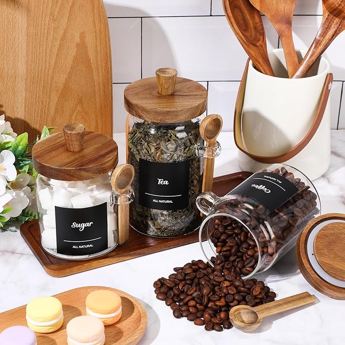 Suclain 3 Pcs Glass Coffee Container with Wooden Lid Spoon Shelf Labels Clear Airtight Jar Food Storage Canister Set for Sugar Spice Coffee Bean Holder Housewarming Gift(13.5,20,25 oz,Acacia Brown)