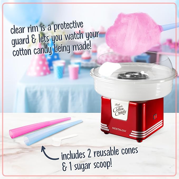 Nostalgia Retro Hard and Sugar Free Countertop Original Cotton Candy Maker, Includes 2 Reusable Cones and Scoop – Red