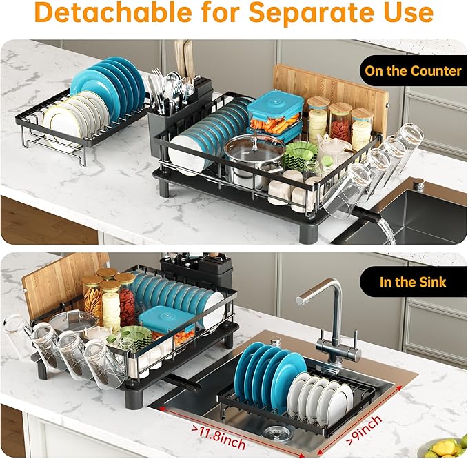 Dish Drying Rack, 2 Tier Dish Racks for Kitchen Counter, Compact Drying Rack Kitchen, Rust-Resistant Dish Drainer, Detachable Space-Saving Dish Rack with Drainboard, Utensil Holder, Black