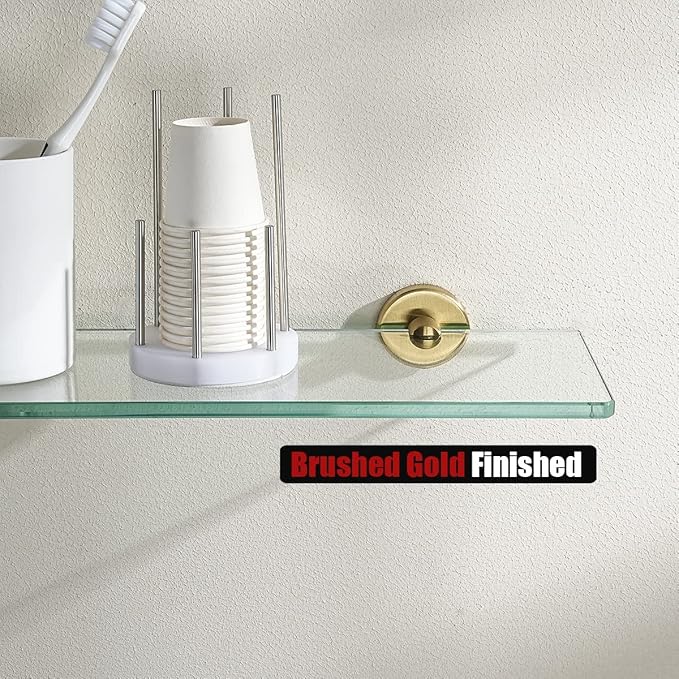 JQK Bathroom Glass Shelf Gold, Tempered Glass Shower Storage 12 by 5 inches, 304 Stainless Steel Brushed Gold Wall Mount 2 Pack, TGS101L12-BG-P2