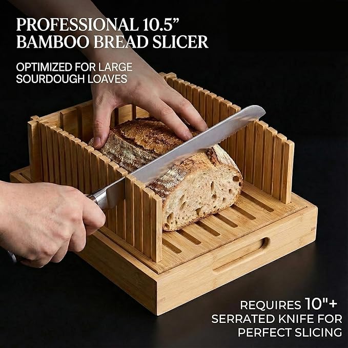 10.5" Extra Sourdough Bread Slicer Guide - Premium Bamboo Bread Cutter with Crumb Tray & Serving Board - Artisan Bread Slicing Guide for Homemade Boules, Sourdough Tools & Gifts
