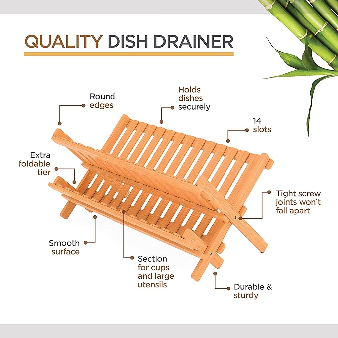 Bamboo Dish Rack and Expandable Drawer Organizer Set Bundle