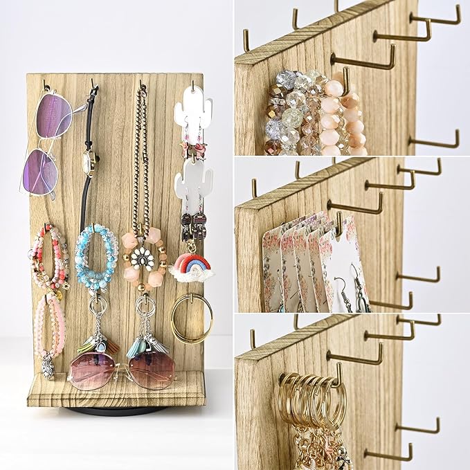 Ikee Design Wooden Rotating Two-Sided Jewelry Display Stand, Rotating Organizer with 32 Long Hooks for Store, Keychain Earring Display, Oak Color, 9.1W x 7.5 D x 17.1 H in