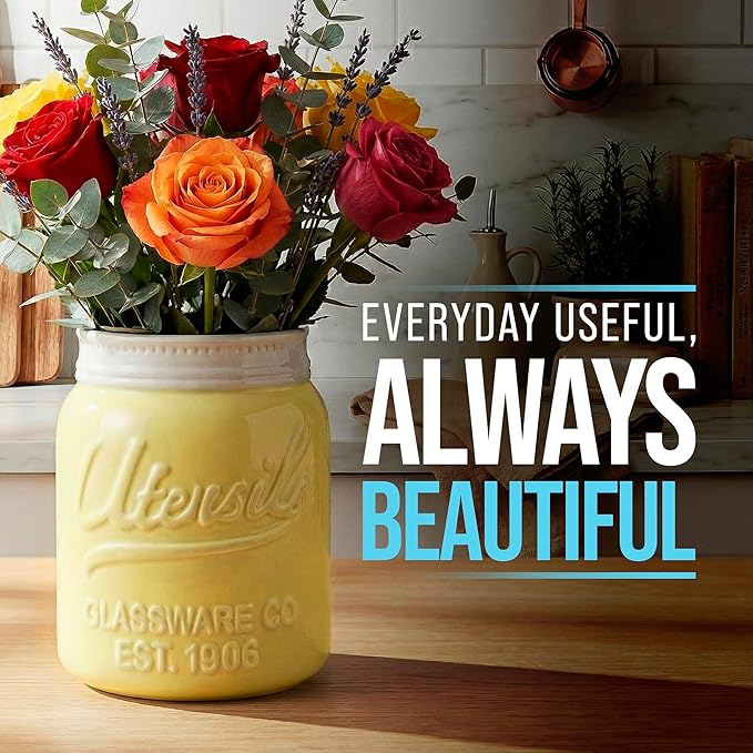Comfify Wide Mouth Mason Jar Utensil Holder Decorative Kitchenware Organizer Crock, Dishwasher Safe - Kitchen Caddy Green, Large Size 7" High - Yellow
