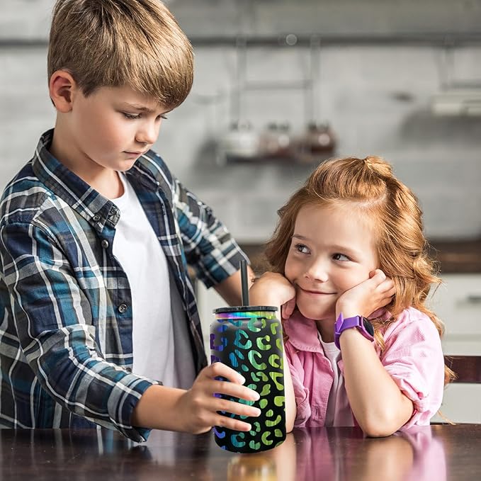 4 Pack Glass Cups with Lids and Straws, 16 oz Stainless Steel Cups, Insulated Skinny Tumbler, Powder Coated Travel Tumblers for Laser Engrave, Iced Coffee Cup for Smoothie Water DIY Gift(Black,4 pack)