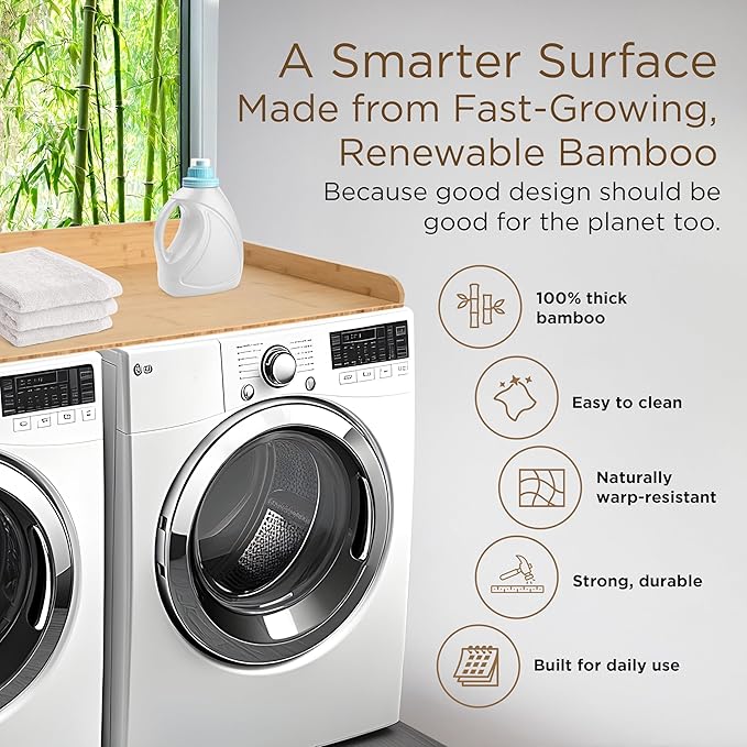 Solid Bamboo Washer Dryer Countertop, Laundry Wood Shelf Topper with Non-Slip Pads, Edge Rails and High Back Rail for Laundry Room Storage & Organization, Washer Dryer Counter Storage, 25"W x 54" L