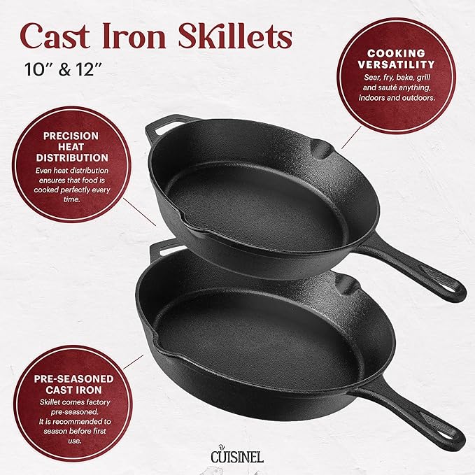 Cast Iron Skillet Set - 10" + 12"-Inch Pre-Seasoned Frying Pans + Glass Lids + Silicone Handle Cover Grips - Indoor/Outdoor Use - Grill, Oven, Stovetop, Induction, BBQ, Firepit Safe Kitchen Cookware