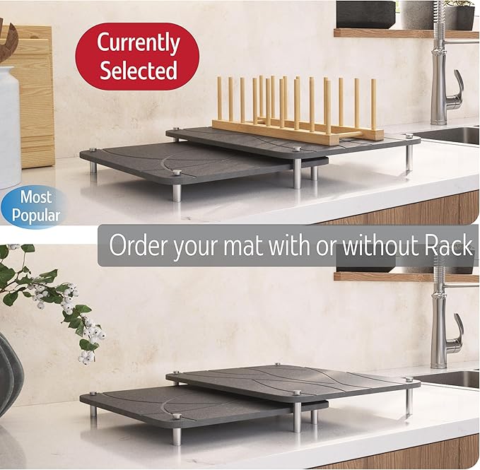 Nested Dish Drying Stone Mat with Bamboo Rack | 2 Pcs Diatomaceous Earth Stone Drying Mats for Kitchen Counter with Non-Slip Feet | Collapsible Large Drying Stone for Dishes (Dark Gray)