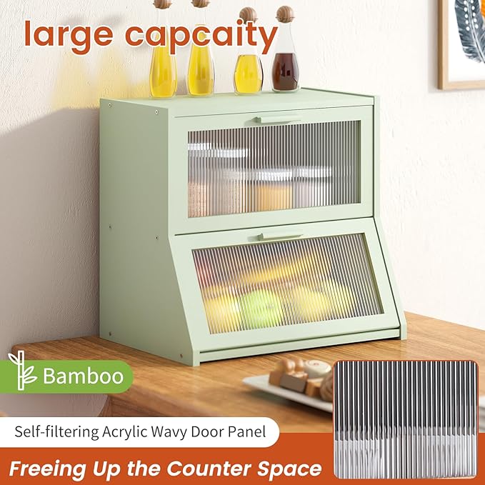 GHWIE Double Layer Bamboo Bread Box for Kitchen Counter,Large Capacity Bread Storage Bin,Bread Container with Acrylic Wavy Door Panel (Light Green, Extra Large)
